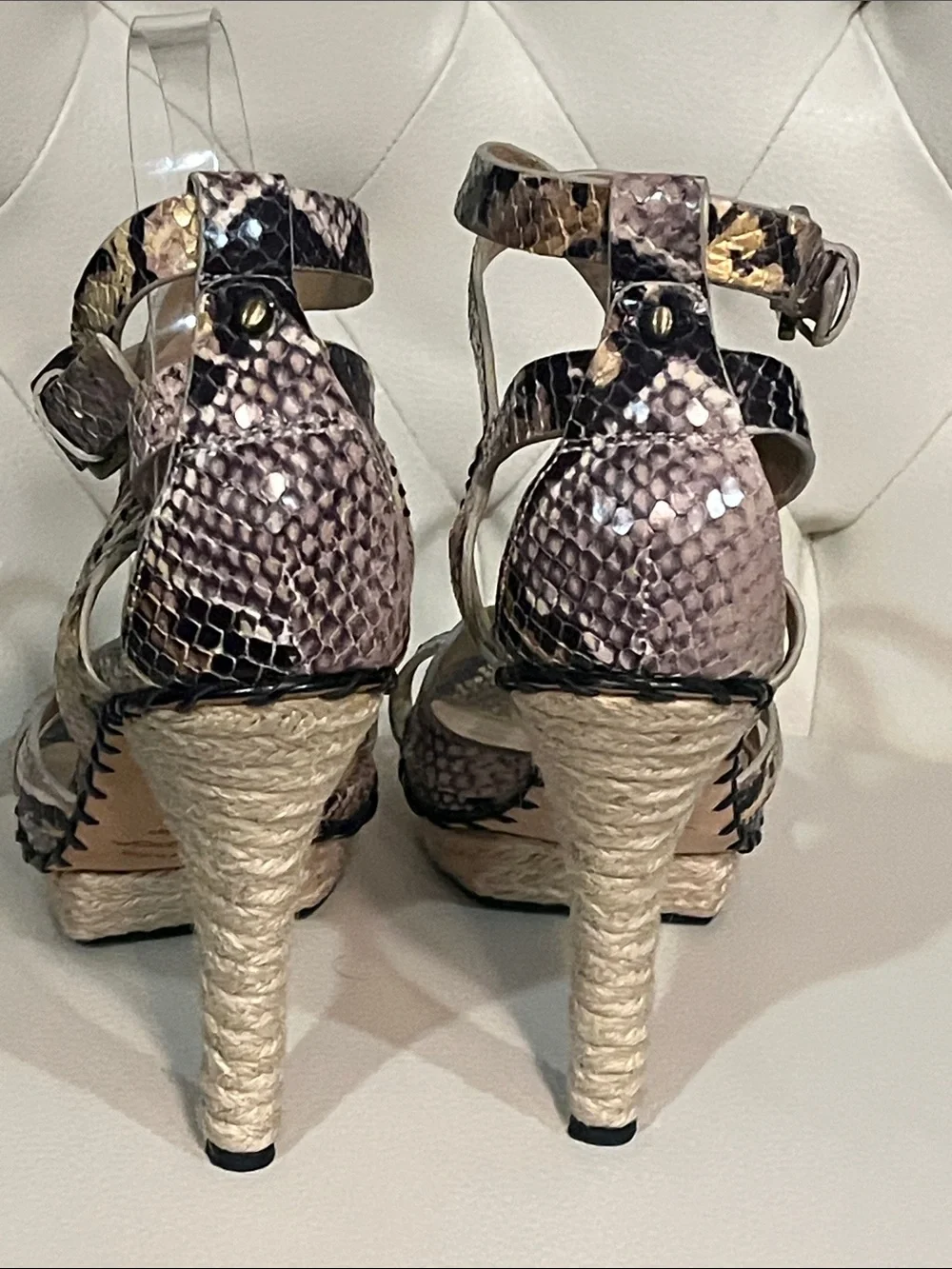 Via Spiga Snake-Print Brown Strappy High Heel Sandals Espadrille design Size 8